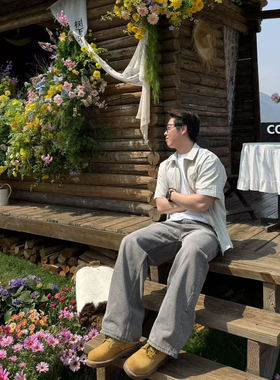 22TREE原创美式街头复古纯色拉链宽松翻领短袖衬衫休闲宽松垂感