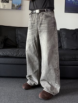 22TREE美式复古秋冬显瘦男女高街休闲cieanfit原牛牛仔裤弯刀裤