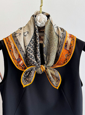 法国小马图腾橙色真丝羊绒围巾小方巾领巾高档送礼妈妈丝巾女