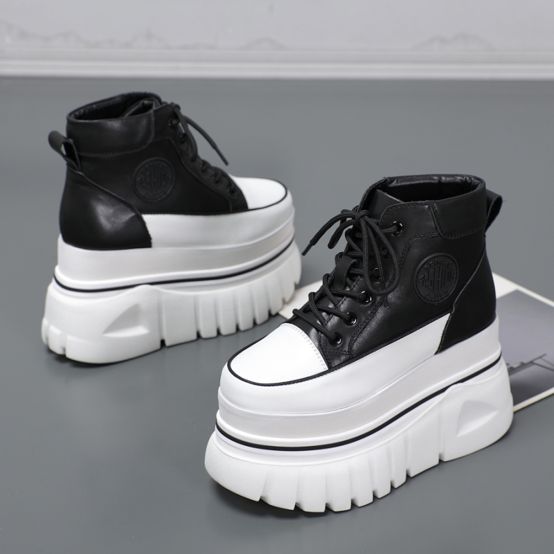 欧洲站女鞋秋冬加绒高帮鞋真皮百搭厚底增高松糕鞋系带运动休闲鞋