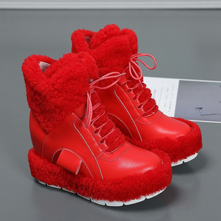 雪地靴女羊毛2024秋季新款内增高加绒保暖厚底毛毛靴短靴红色棉靴