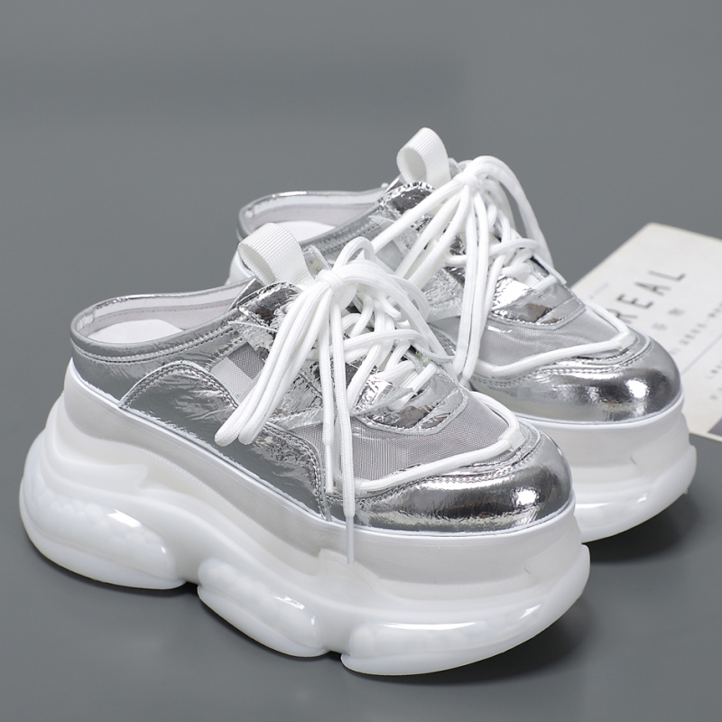 超高跟9cm欧货2026春夏新款银色网纱厚底增高包头拖懒人半拖鞋女