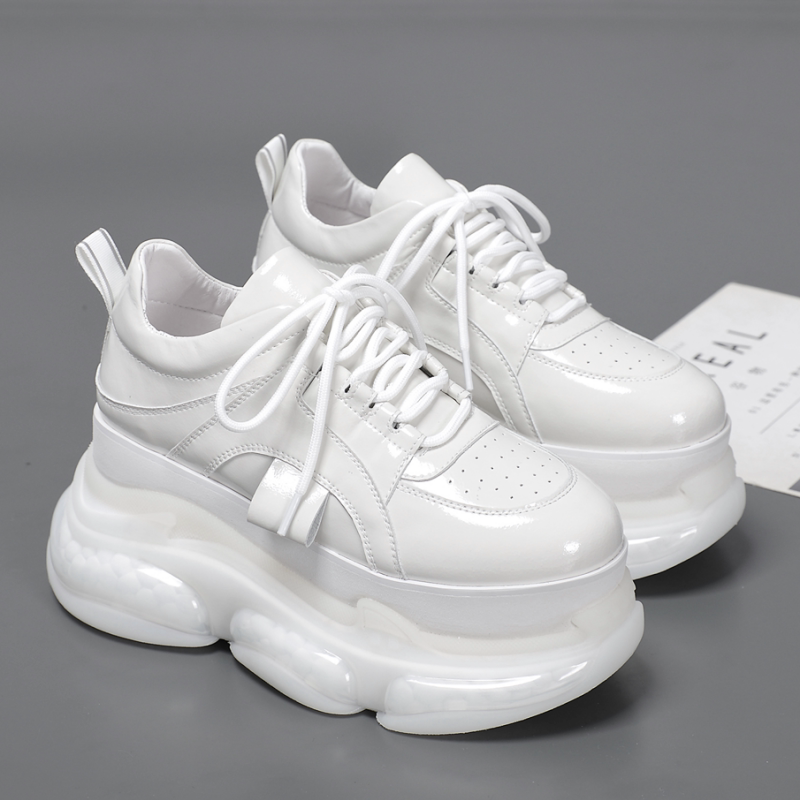 小众高货～秋季新款漆皮厚底松糕鞋潮流百搭增高厚底系带休闲鞋女