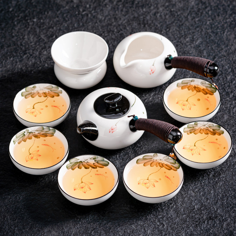 中式轻奢高档侧把壶手绘功夫茶具套装杯子家用小套陶瓷整套斗笠杯