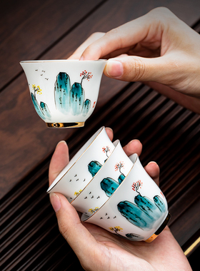 德化手绘茶杯功夫茶碗陶瓷铃铛杯家用6个品茗杯定制LOGO主人杯子