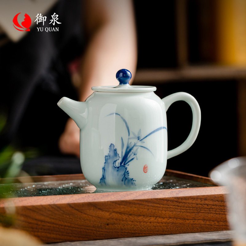御泉创意筠雾手绘兰花功夫茶壶陶瓷单个壶家用中式茶具一人泡茶器