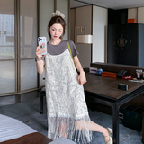 蕾丝刺绣印花流苏吊带罩衫裙灰色t恤裙新款小个子连衣裙夏，女装连衣裙，杭阁服饰