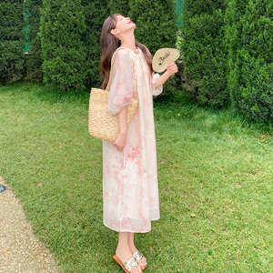 法式雪纺女神范气质茶歇中长款仙女裙女2025新款粉色印花连衣裙夏,女装连衣裙,杭阁服饰