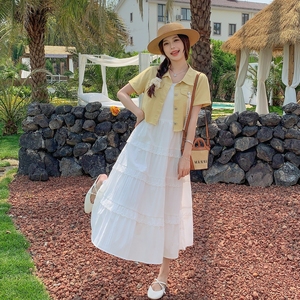 夏季新款时尚短袖外套花边吊带裙女2025甜美少女感穿搭,女装连衣裙,杭阁服饰