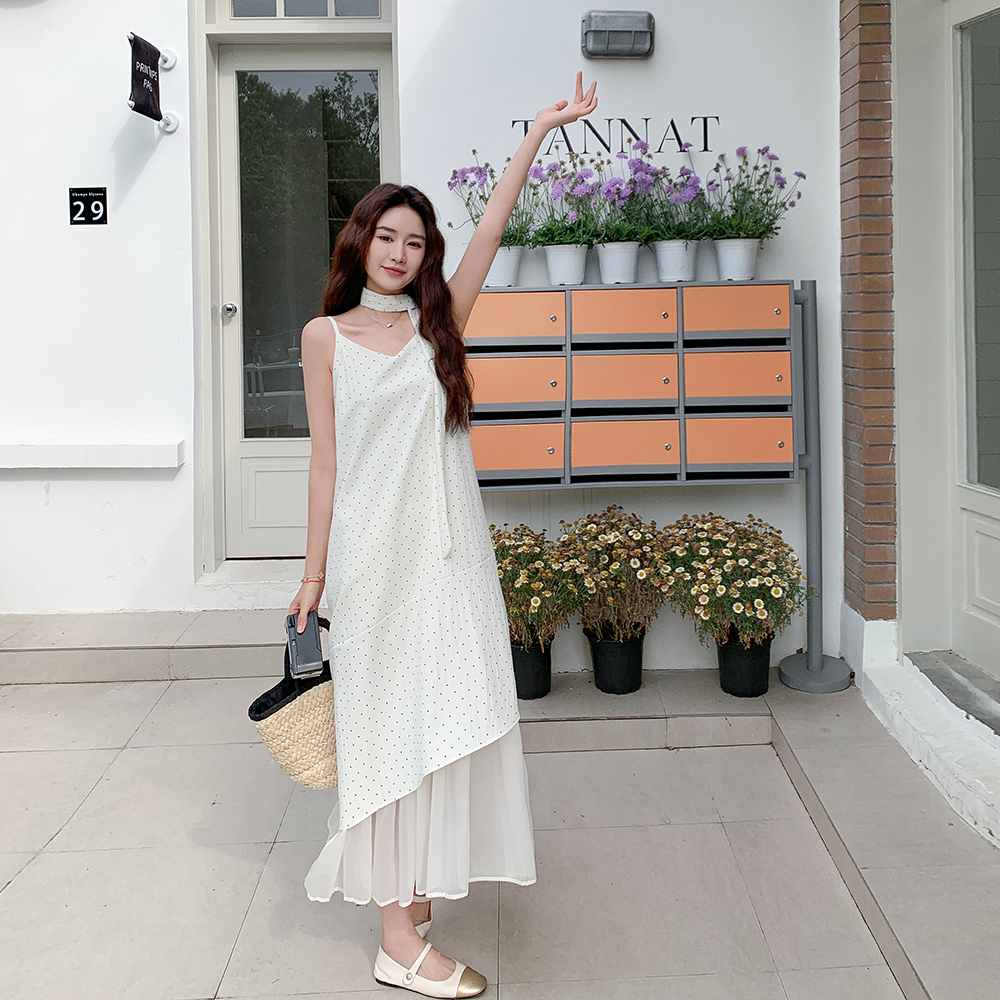 小众设计显瘦气质长裙女2025夏季新款韩系不规则白色吊带连衣裙子，女装连衣裙，杭阁服饰