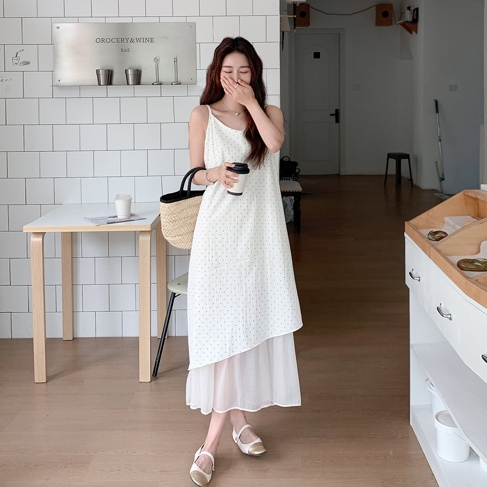 小众设计显瘦气质长裙女2025夏季新款韩系不规则白色吊带连衣裙子，女装连衣裙，杭阁服饰