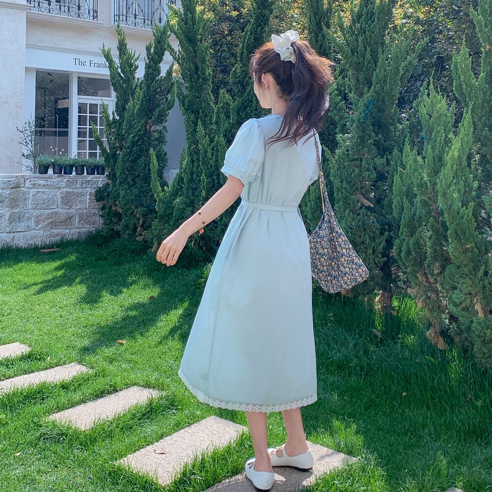 现货2025下摆拼花边蓝色气质百搭连衣裙8638p125K178,女装连衣裙,杭阁服饰