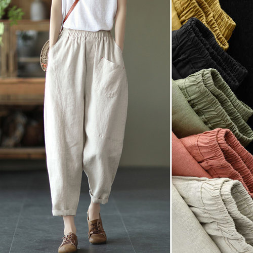 夏季宽松亚麻休闲裤女士九分裤文艺纯色松紧腰麻料哈伦裤 新品