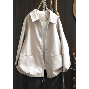 皮夹克机车保暖双口袋上衣 宽松翻领PU皮衣女文艺显瘦长袖 秋季 新款