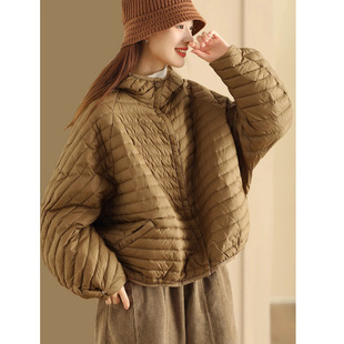 文艺纯色压线90白鸭绒保暖短外套 羽绒服女长袖 冬季 宽松连帽轻薄款