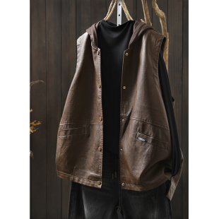 外穿时尚 宽松连帽PU皮马甲女文艺显瘦开衫 气质坎肩短上衣 新款 秋季