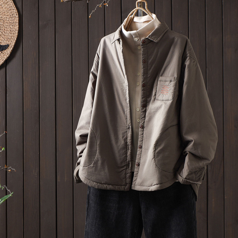 秋冬宽松衬衫领小棉袄女士文艺纯色翻领棉服夹棉轻薄款棉衣短外套