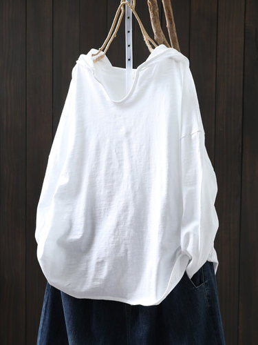 春秋新款宽松连帽T恤女文艺复古纯色打底衫女士衬衫短款外穿上衣