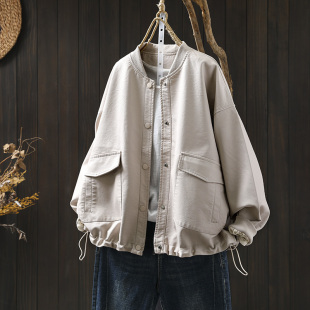 大口袋机车夹克 宽松立领pu皮衣女文艺显瘦复古短外套长袖 秋季 新款