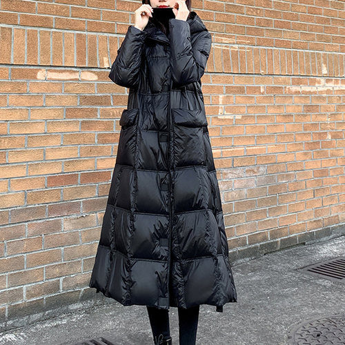 冬季新款宽松连帽加厚中长款过膝羽绒服女士文艺纯色90白鸭绒外套