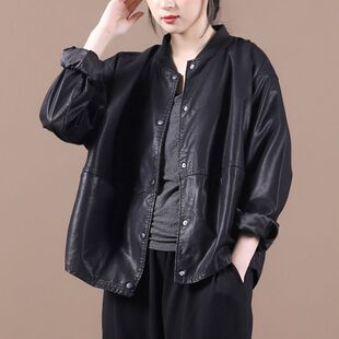 新款宽松棒球领水洗pu皮衣女长袖文艺单排扣黑色短外套女士上衣秋