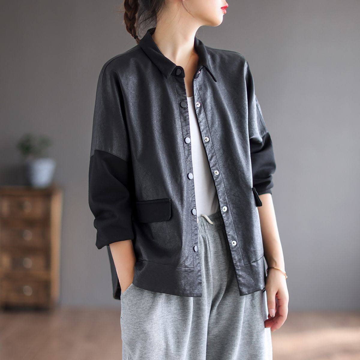 秋季新款宽松水洗PU皮衣女长袖机车服短外套黑色拼接夹克女士上衣