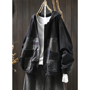 拼接印花夹克百搭短上衣 宽松连帽牛仔外套女文艺显瘦长袖 秋季 新款