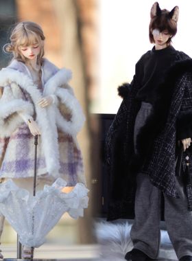 bjd4分3分75叔70叔白紫色格纹黑香风斗篷打底裙长裤套装百搭娃衣