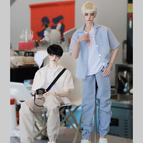 bjd75叔体娃衣蓝白短袖衬衫套装
