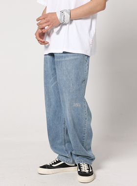 TSAS太阳照常升起 做旧水洗宽松牛仔裤刺绣直筒阔腿裤潮牌情侣