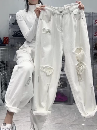 白色破洞哈伦牛仔裤女2025年春季新款九分阔腿宽松显瘦老爹裤子
