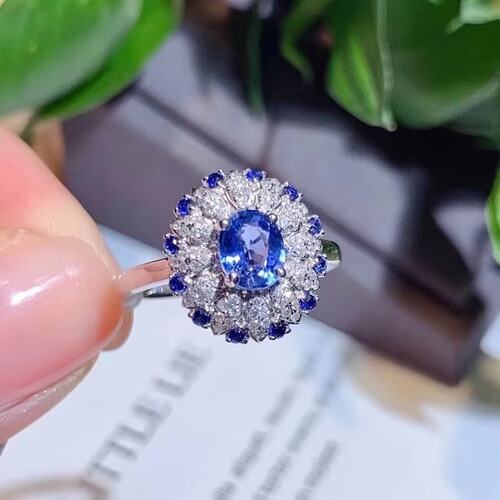 18K金女镶南非高品质钻石 0.94克拉天然蓝宝石戒指真金真钻送证书