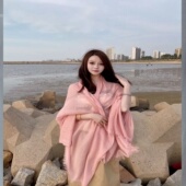 纯色丝巾夏季 薄款 防晒棉麻围巾护颈椎披肩百搭浅粉色旅游沙滩纱巾