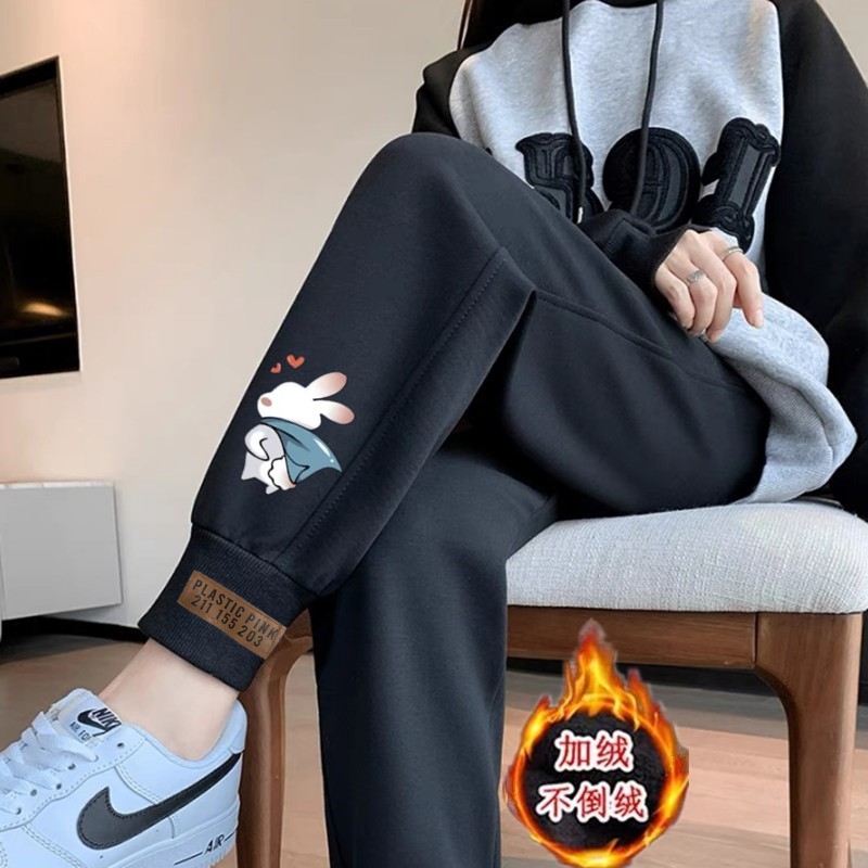 哈伦运动裤女冬季新款松紧腰显瘦加绒加厚小个子宽松束脚休闲卫裤