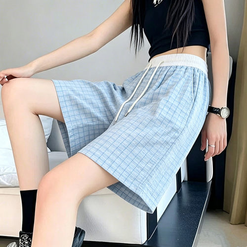 泡泡纱休闲裤女夏季薄款高腰显瘦直筒五分裤百搭宽松冰丝运动短裤