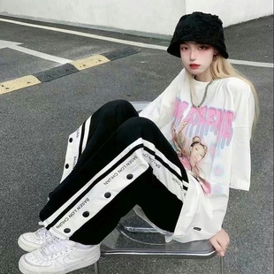女夏季 宽松直筒阔腿裤 排扣运动裤 薄款 子 女韩版 ins潮高腰休闲长裤