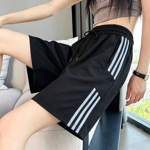 冰丝休闲裤女夏季薄款宽松直筒五分裤潮流三条杠百搭条纹运动短裤