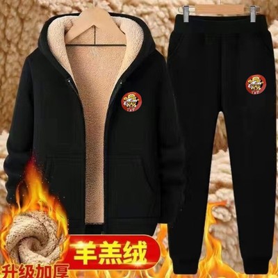 女士休闲运动套装女加绒加厚大码胖mm冬装羊羔绒卫衣连帽衫两件套