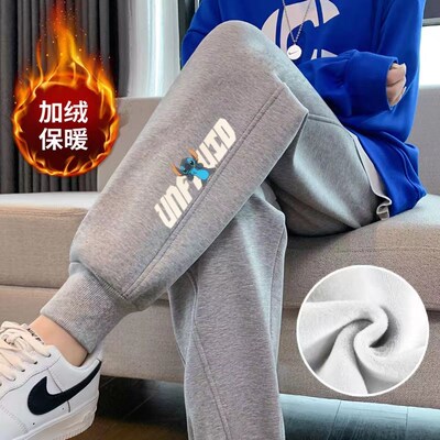 休闲高腰束脚裤加绒加厚运动裤