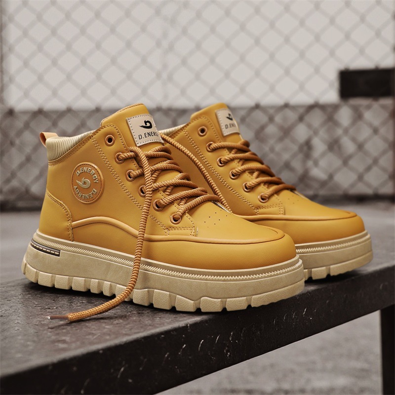 男鞋秋冬季新款纯色皮面厚底百搭高帮马丁靴工装休闲运动潮流复古