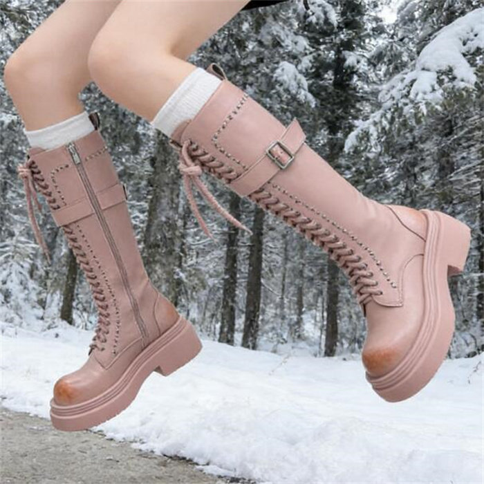 2026冬春新隐形内增高10厘米真皮粗跟厚底铆钉系带高筒时装靴B735,女鞋,时装靴,淘宝优惠券,粉丝福利购,淘宝优惠卷