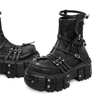 2026夏季 真皮网纱皮带扣防水台短筒马丁靴B22 新隐形内增高12厘米