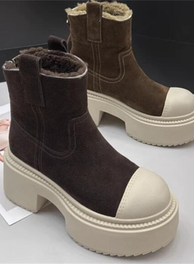 2026冬季新款隐形内增高10厘米真皮粗跟防水台靴子短筒雪地靴B569