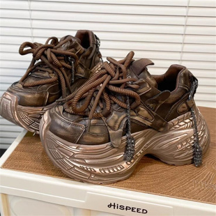 B128 圆头休闲鞋 2025春秋新款 隐形内增高10厘米真皮厚底系带老爹鞋