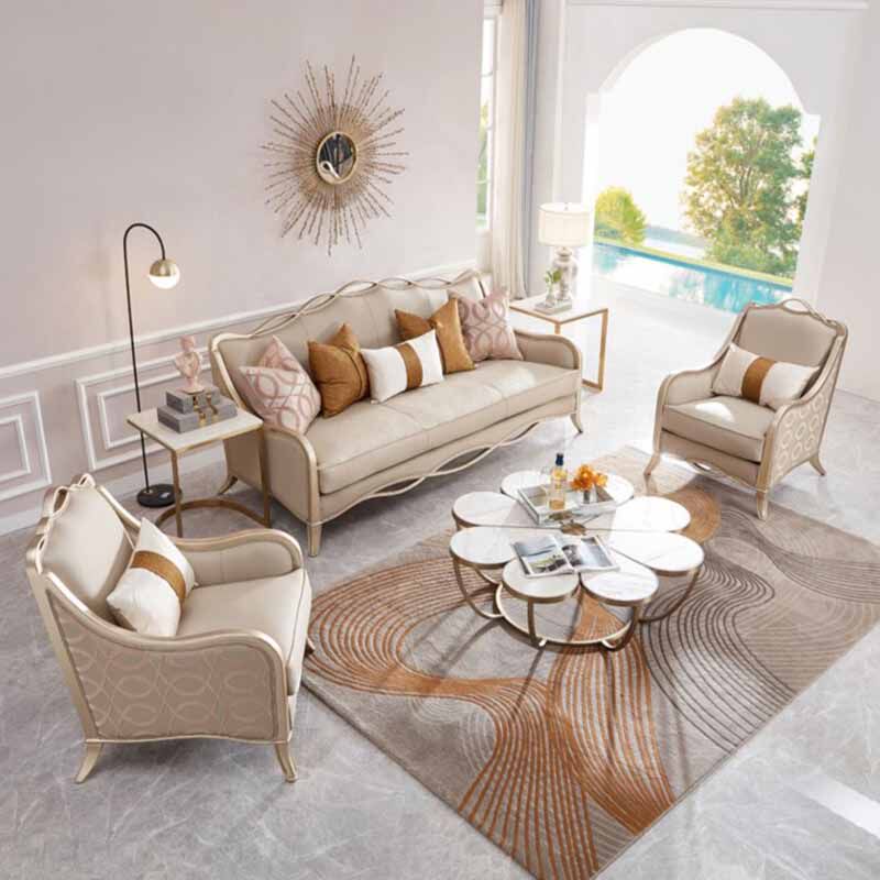 美式简约轻奢实木香槟金色实木布皮艺沙发欧式现代客厅沙发组合