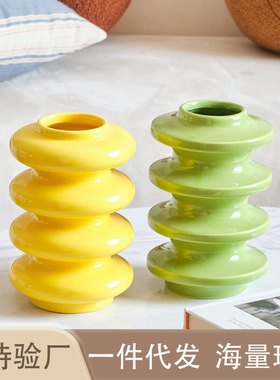 现代简约马卡龙色陶瓷花瓶高颜值创意圆圈家居装饰品摆件跨境热采