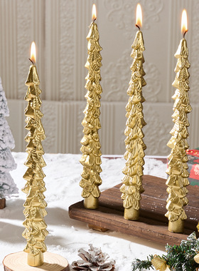 跨境圣诞节金色圣诞树长杆造型蜡烛节日气氛装饰道具家居摆件批发