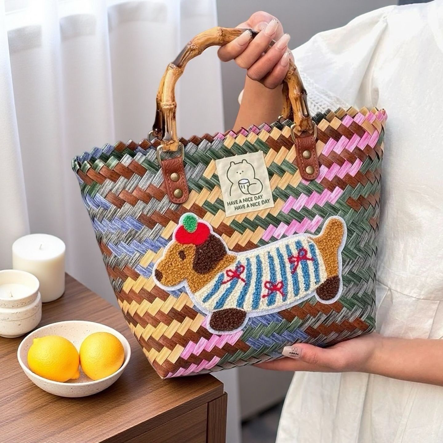 新款腊肠狗棕色彩色敞口编织篮子通勤托特包伴手礼品篮子藤编篮子,箱包皮具/热销女包/男包,通用款女包,淘宝优惠券,粉丝福利购,淘宝优惠卷