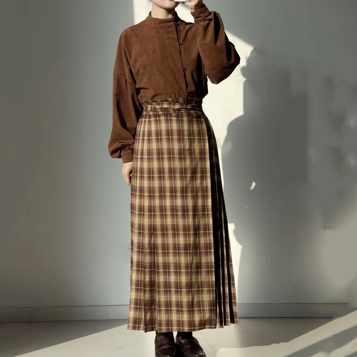暗袖盈香【陆英棕色】汉服女汉元素高领上衣格子马面裙日常通勤