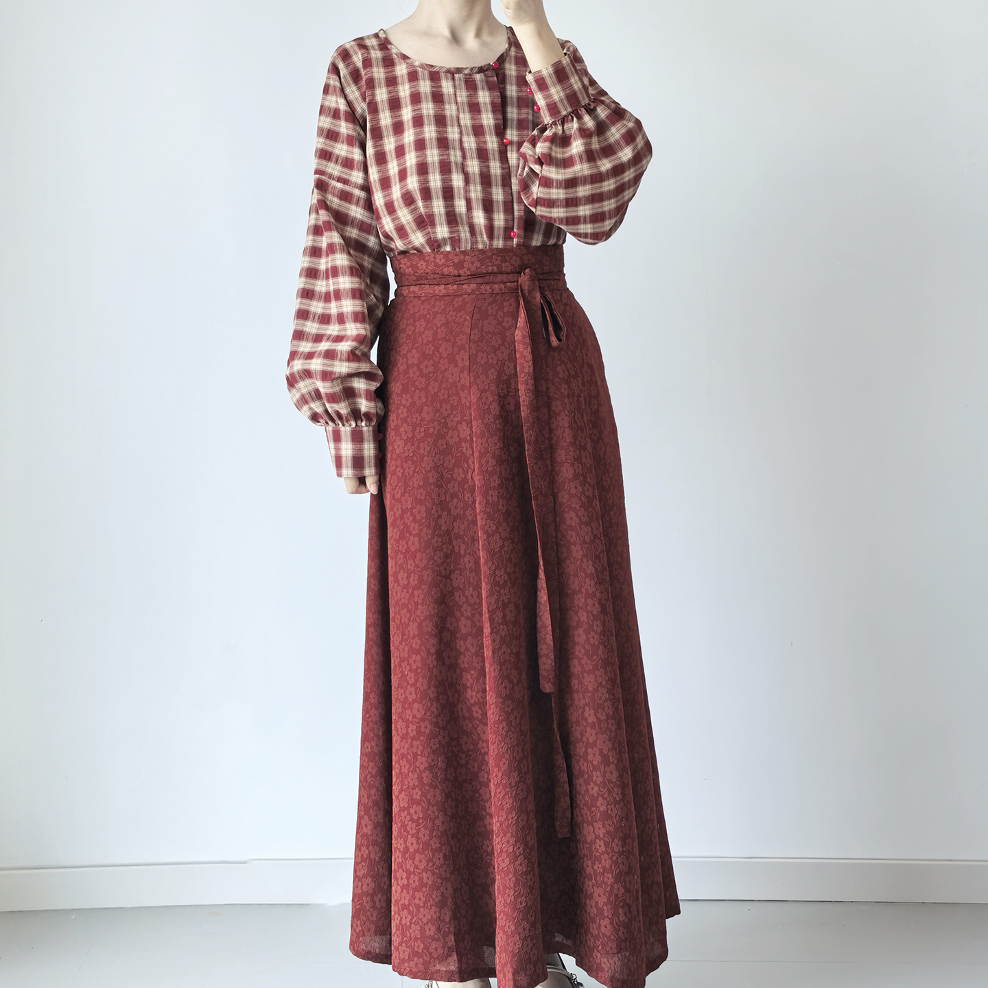 暗袖盈香【小碎花红棕色】汉服女改良圆领衫唐制八破裙半身裙日常